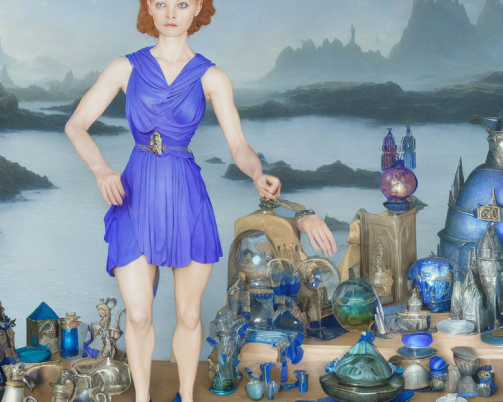 Woman in Blue Dress Among Eclectic Objects and Surreal Landscape