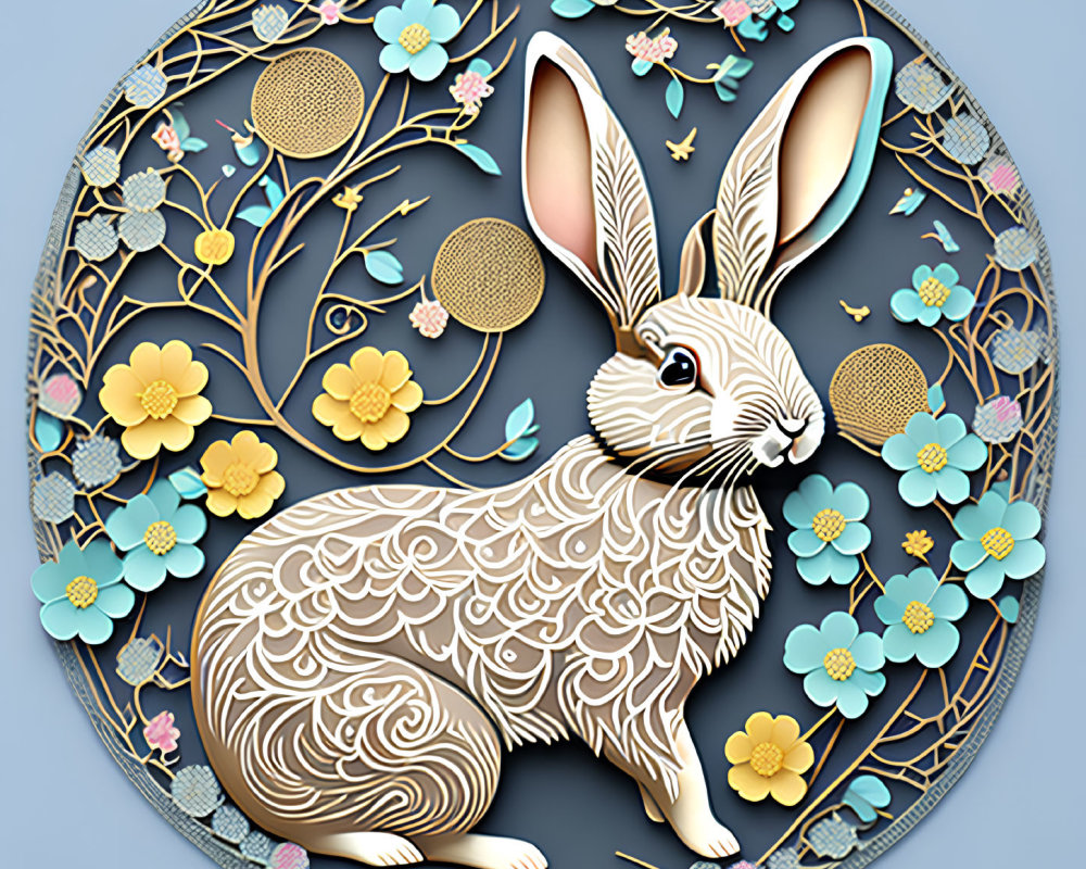 Intricately patterned rabbit with floral motifs in circular frame