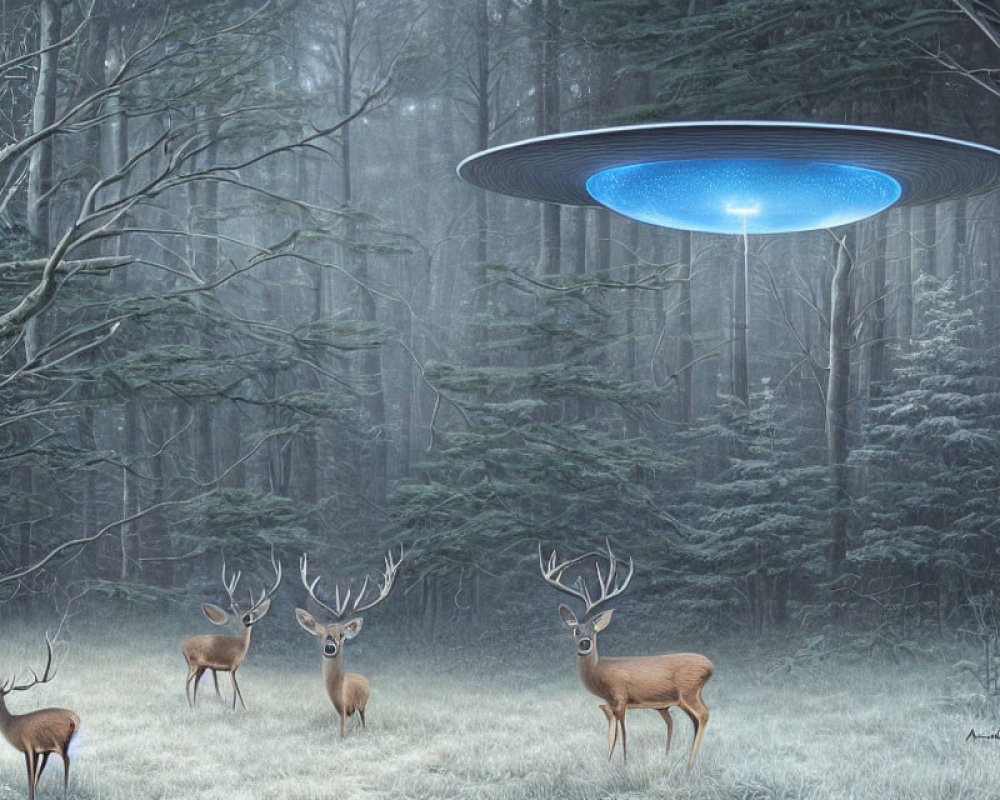 Deer observing hovering UFO in misty forest