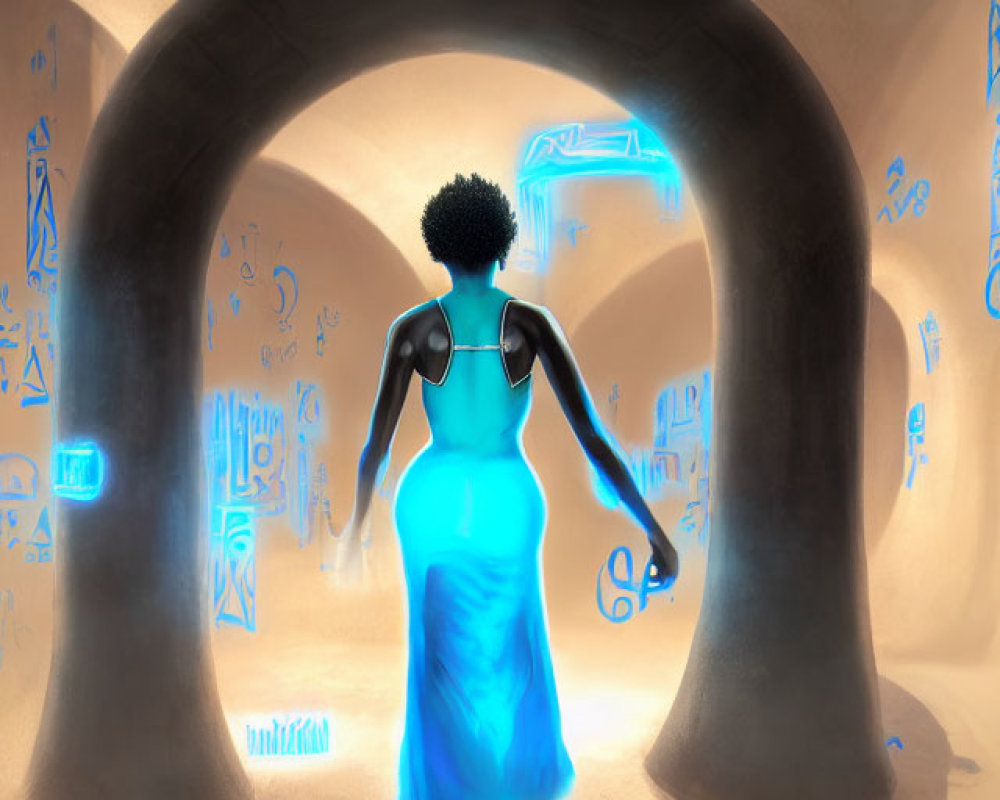 Silhouette of person in elegant dress in sandy tunnel with glowing hieroglyphics and bright exit