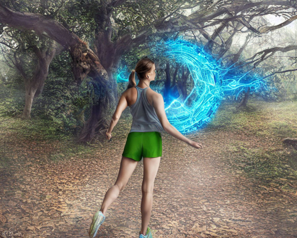 Woman jogging in forest near glowing blue portal