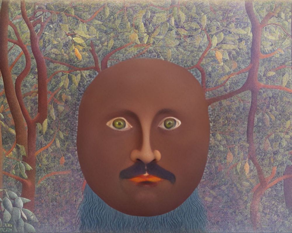 Surreal portrait: face on forest background, prominent eyes, mustache, subdued colors