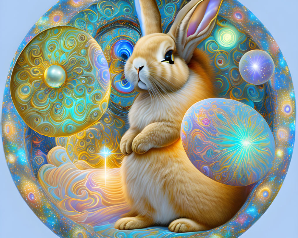 Golden rabbit with blue eyes holding decorated egg in cosmic background