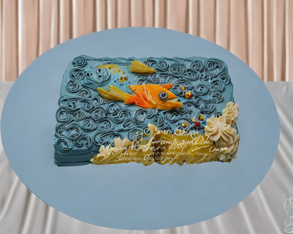 Blue Wave Design Novelty Cake with 3D Orange Fish on Pink Backdrop