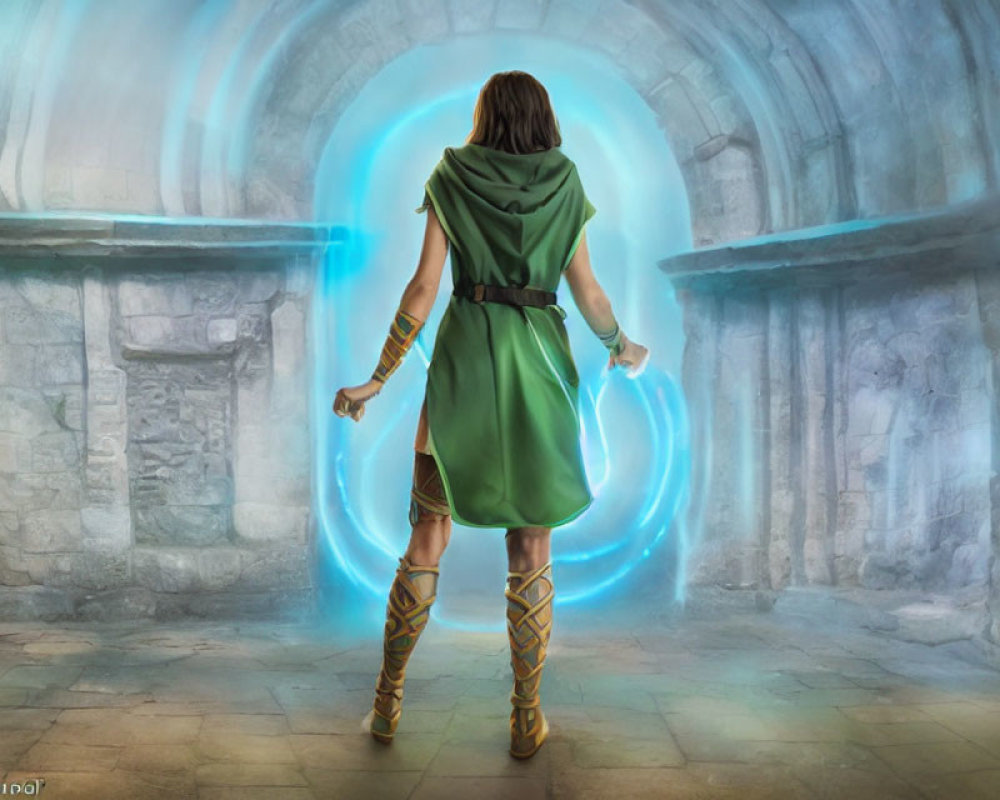 Person in green cloak and sandals by magical portal in stone chamber