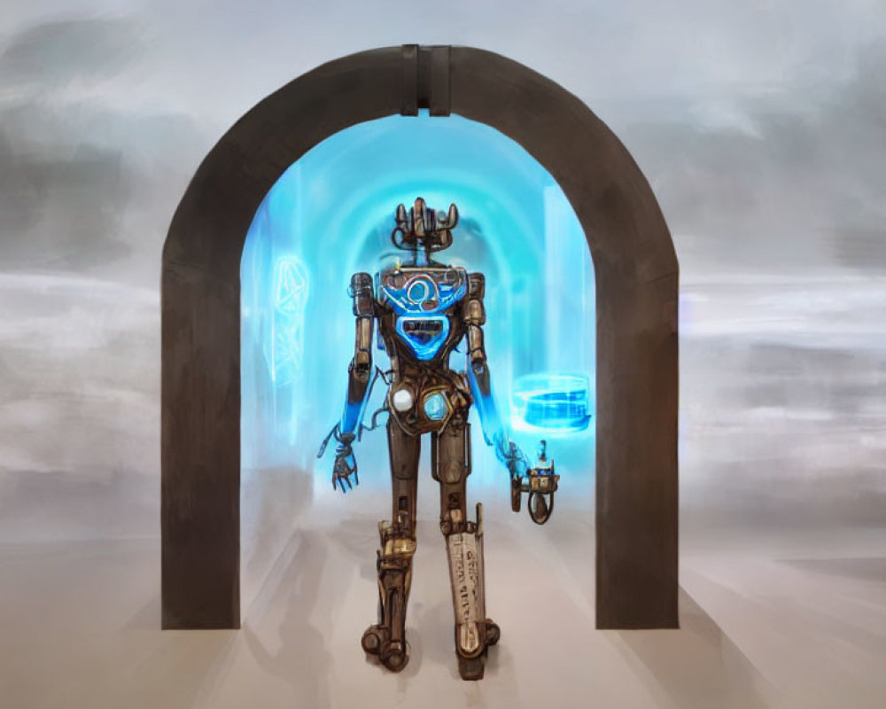 Intricate futuristic robot with glowing blue elements at archway entrance