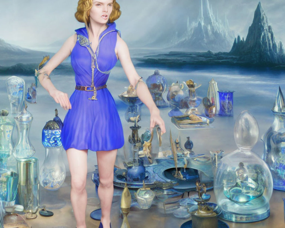 Fantasy illustration of person with elf-like ears in blue dress among magical artifacts and icy mountain landscape