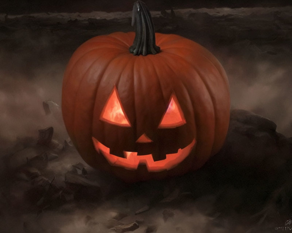 Sinister smile on glowing jack-o'-lantern in dark setting