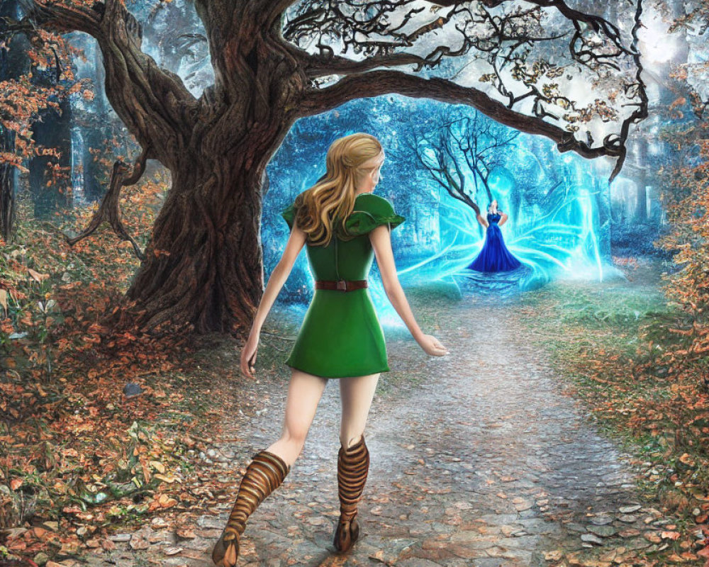 Blonde woman in green dress meets glowing figure in blue dress in autumn forest