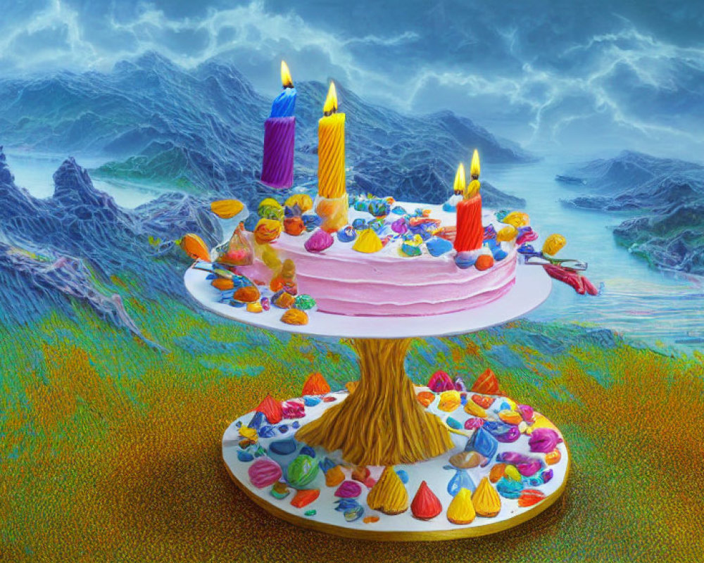 Surreal landscape with blue mountains, stormy sky, colorful dots, cake with candles on tree