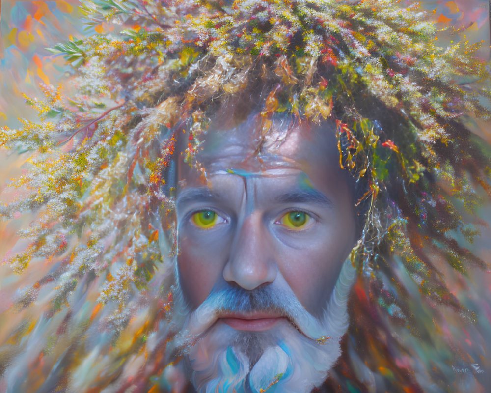 Man with Green Eyes and White Beard Wearing Colorful Foliage Crown