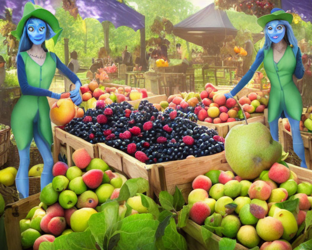 Blue-skinned animated characters explore colorful fruit market with fresh produce