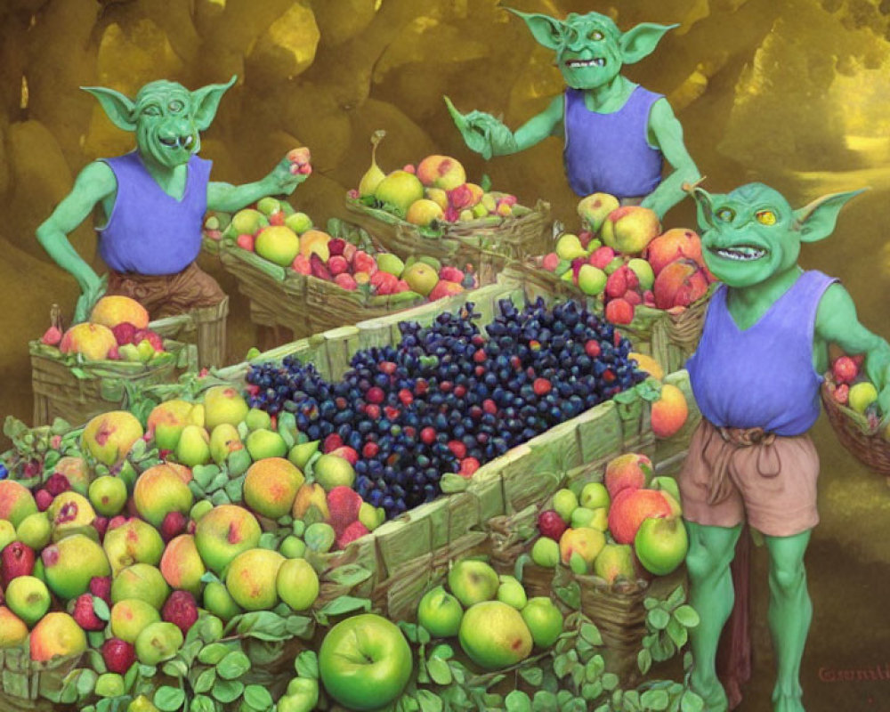 Green-skinned goblin creatures sorting colorful fruits in fantasy scene