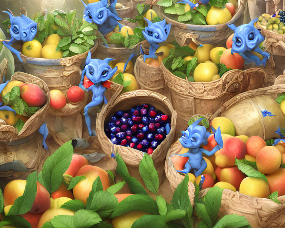 Blue imp-like creatures surrounded by colorful fruits in lush setting