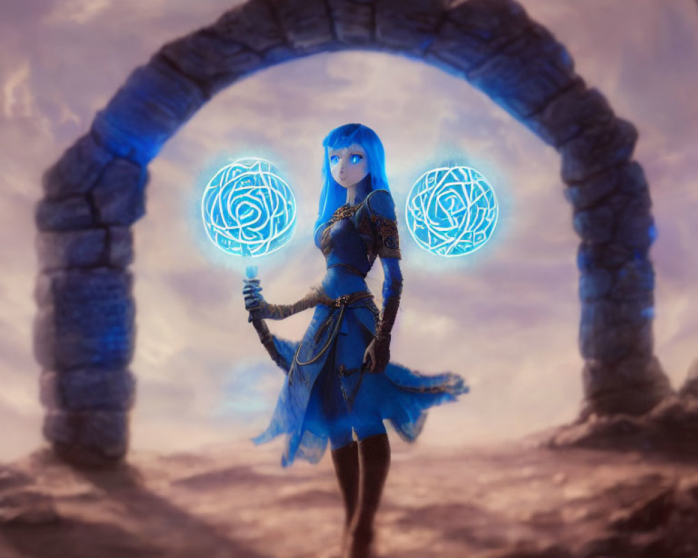 Blue-haired character with magical staff under ancient stone arch in dreamy sky