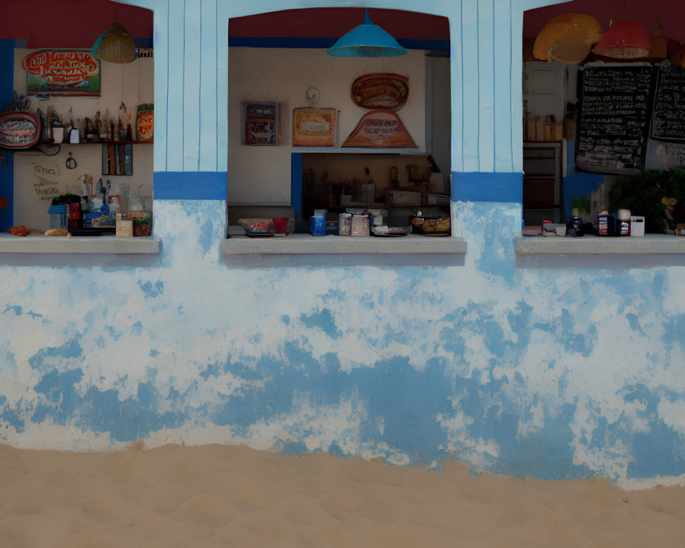 Vibrant beachside snack bar with blue facade and menu board