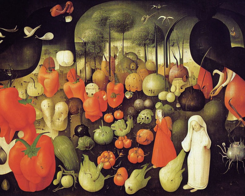 Anthropomorphic fruits and vegetables in garden setting with fantasy elements