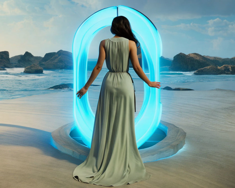 Woman in long dress at glowing portal on sandy beach