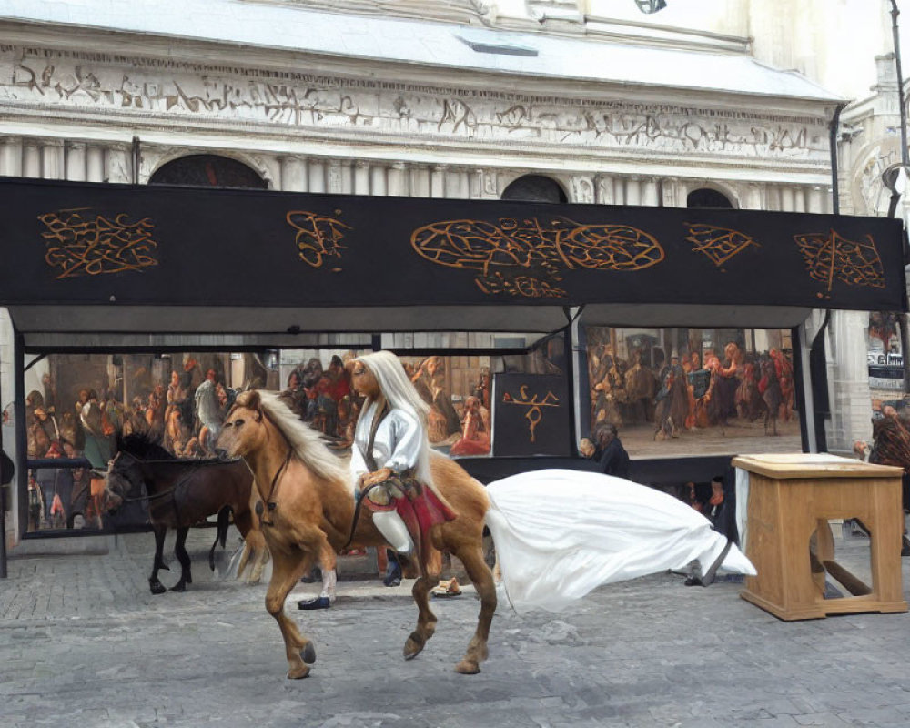 Outdoor art installation: life-sized horse statues and historic figures in period attire with classic painting backdrop