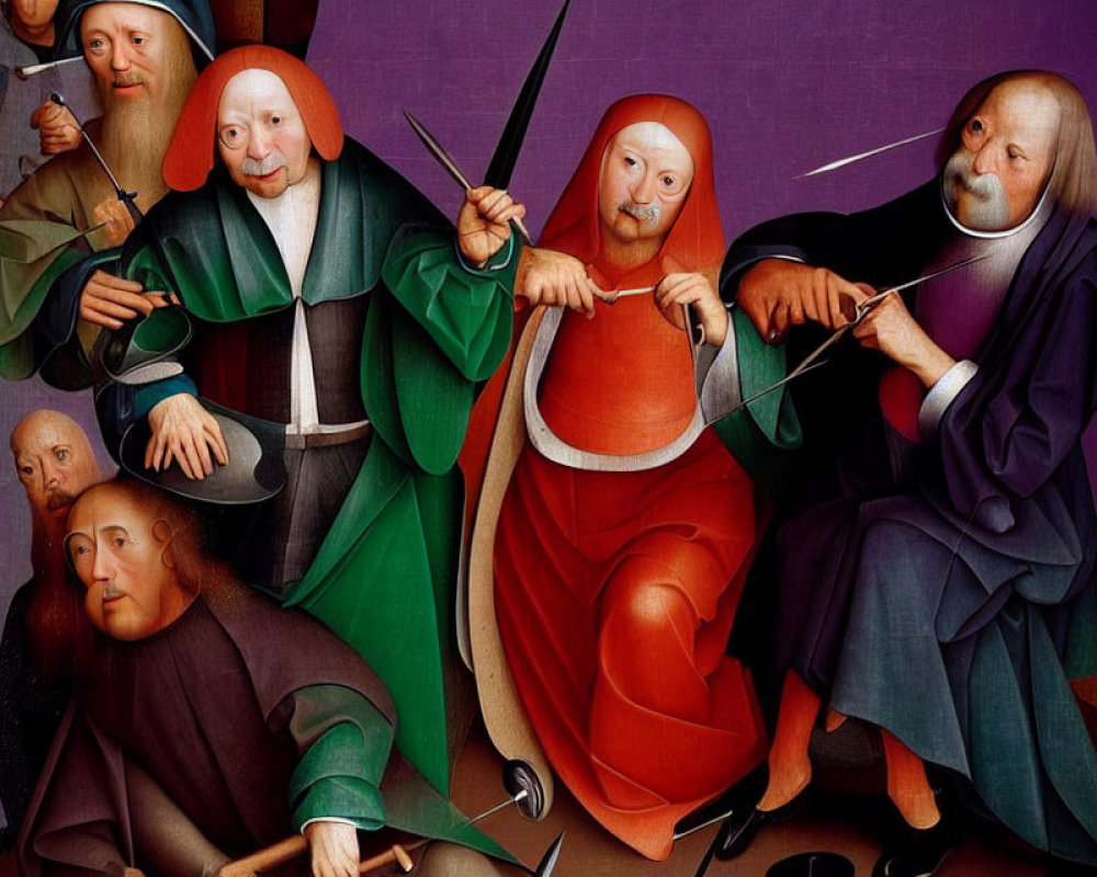 Renaissance painting of seven characters with exaggerated facial features holding objects