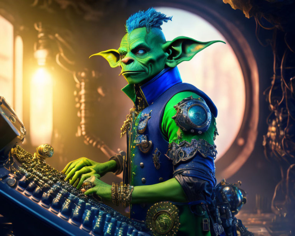 Fantasy character with green skin and sharp ears at control panel