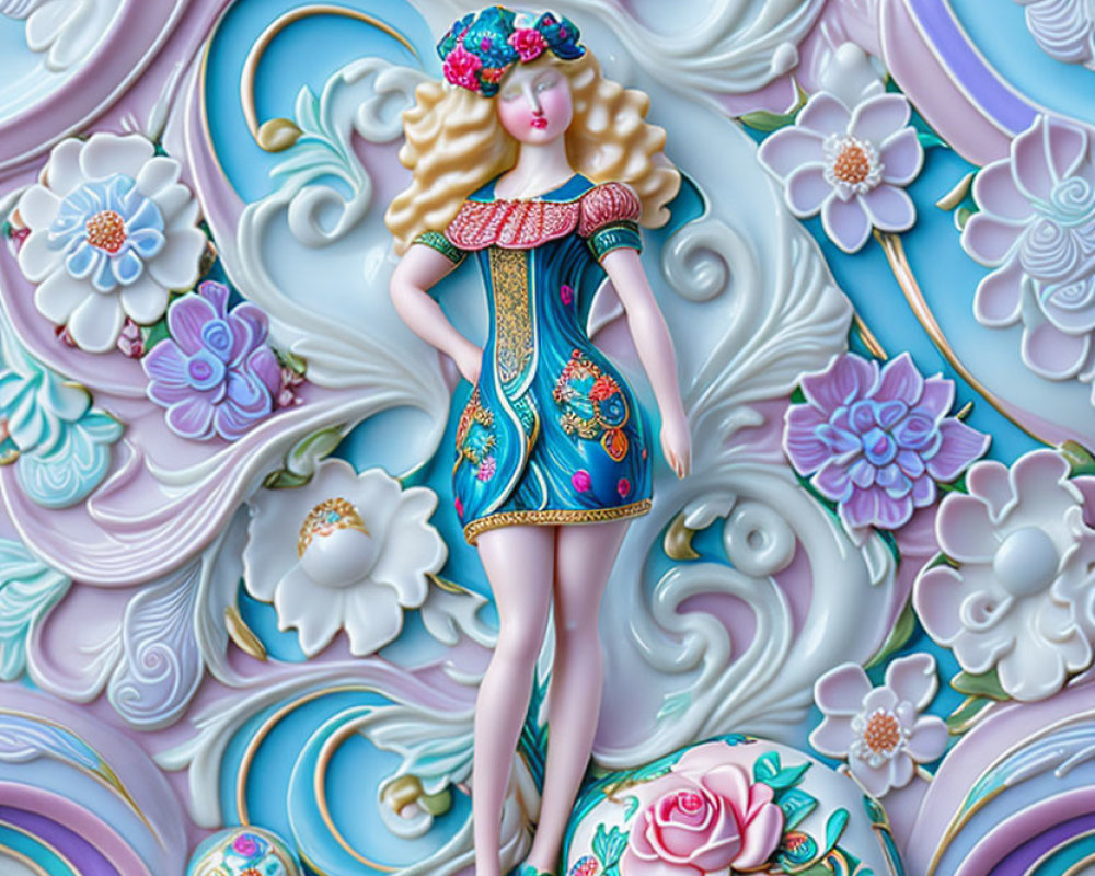 Colorful Ceramic Relief Sculpture of Stylized Woman with Floral Patterns