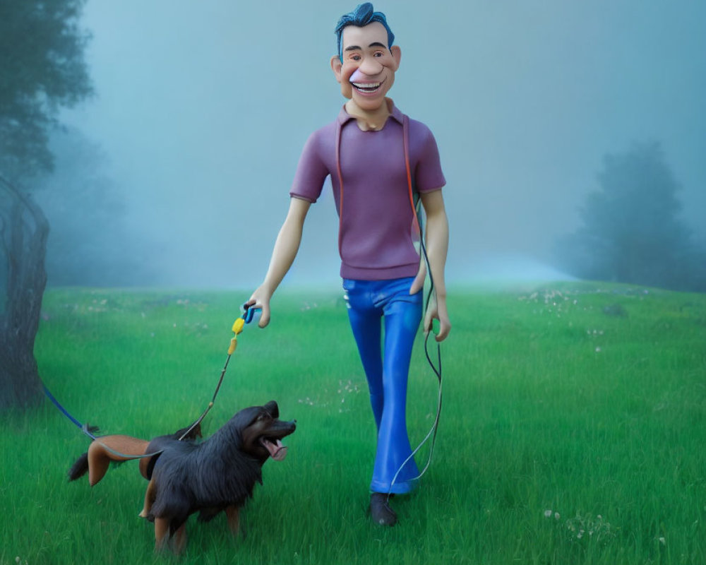 3D illustration of happy man walking dog in misty green park