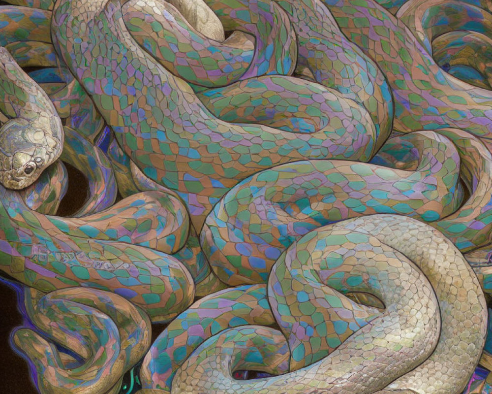 Iridescent Snakes with Mosaic Scales in Blues, Greens, and Pinks