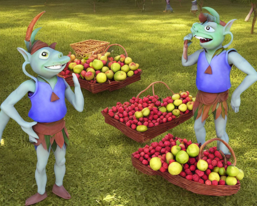 Blue-skinned animated trolls in orchard with colorful fruits baskets