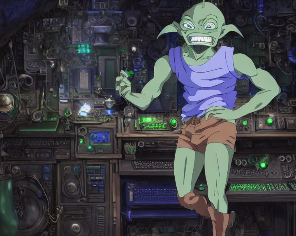 Green-skinned character in sleeveless top at illuminated console