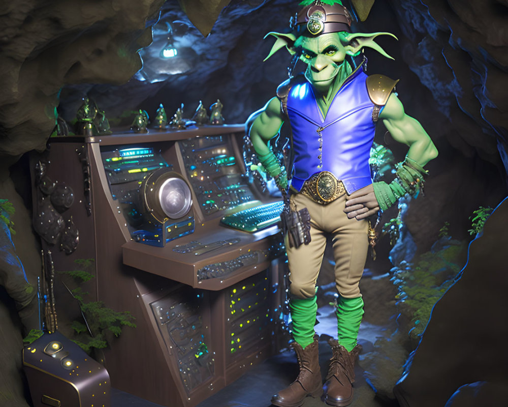 Fantasy green goblin in hat and outfit at control panel in cave environment