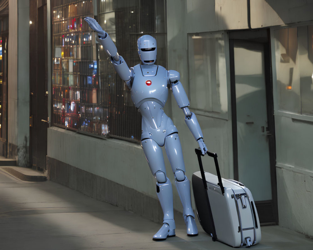 Silver humanoid robot hails cab in urban night scene