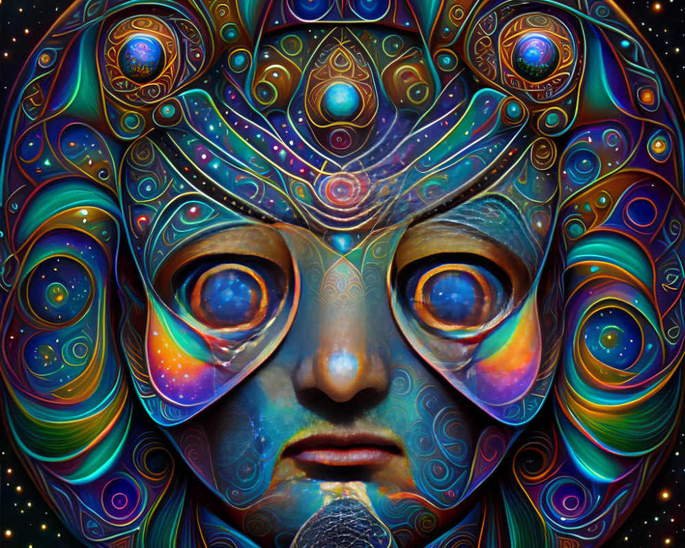 Vibrant digital artwork: intricate patterns and cosmic motifs