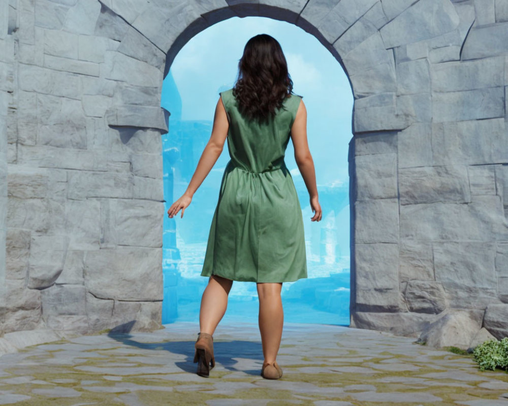 Woman in green dress and brown boots walking towards stone archway under bright sky.