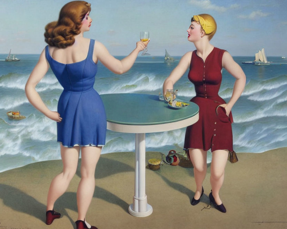 Two cartoon women in retro dresses toasting by table at seaside