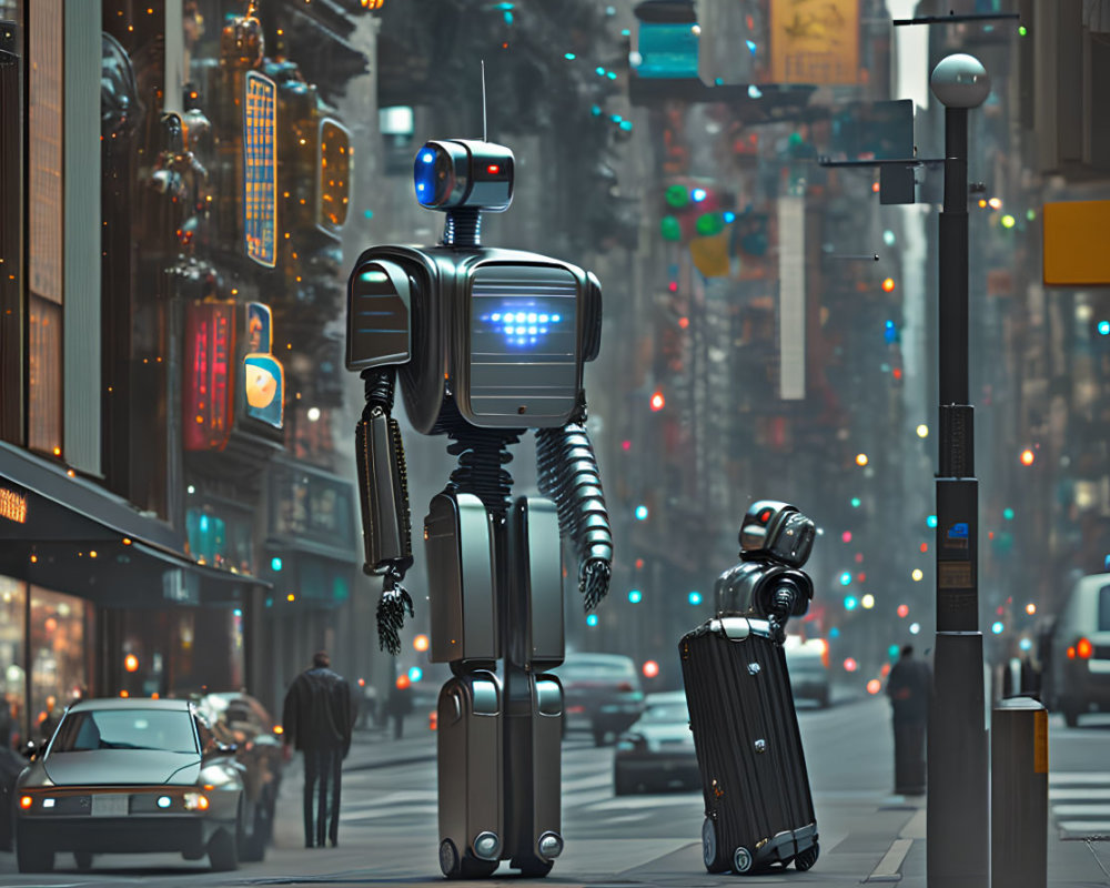 Pair of humanoid robots strolling in busy urban setting, one with screen torso and the other holding luggage