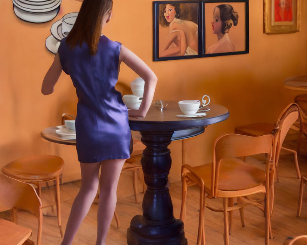 Woman in Blue Dress at Cozy Cafe with Paintings