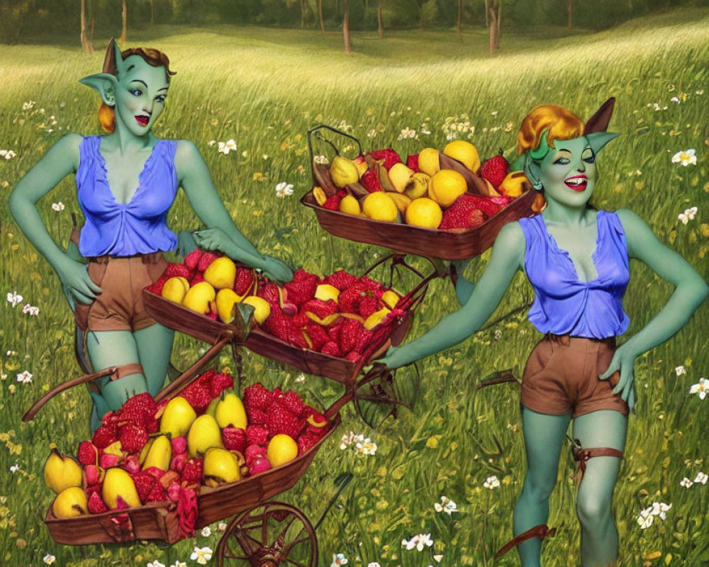 Blue-skinned Elf-like Characters with Fruit Cart in Meadow