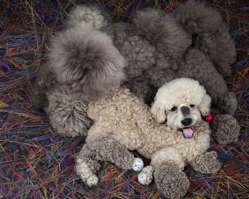 Three poodles on abstract rug with ball.