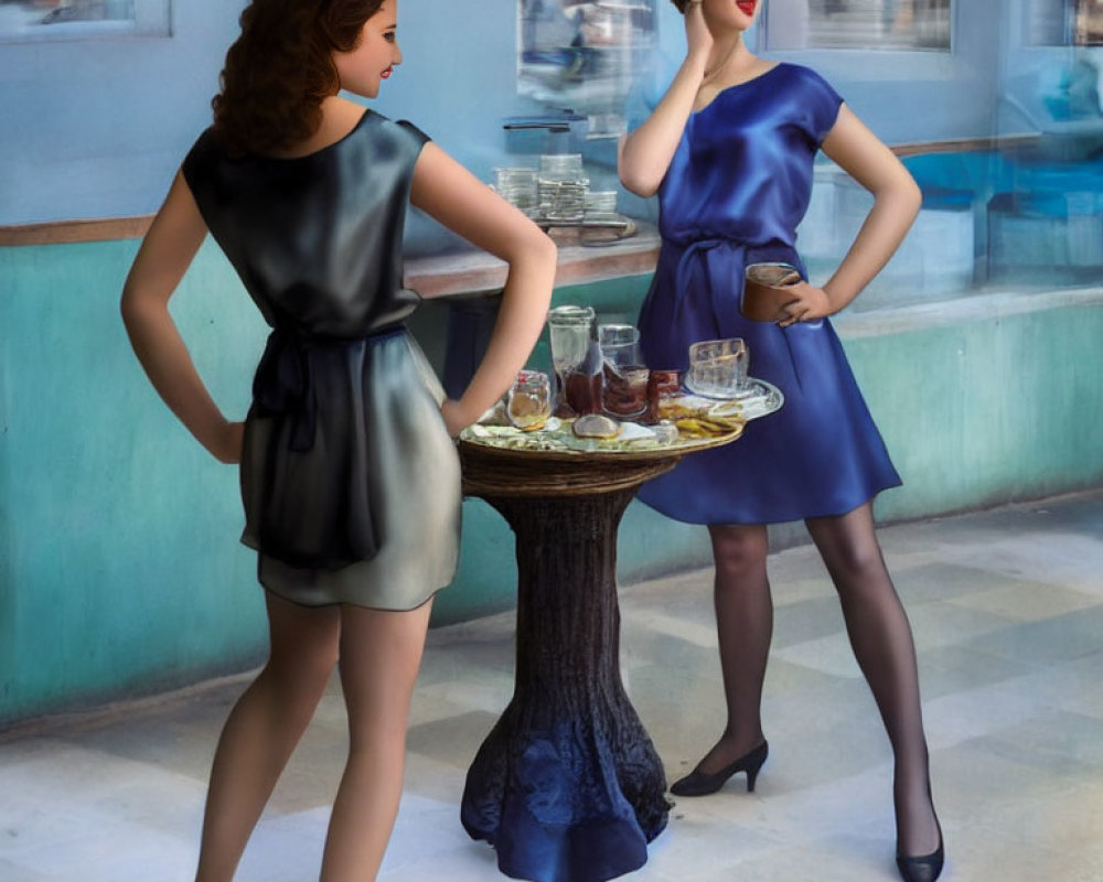 Two elegantly dressed women in vintage attire near a cafe window, one in black and the other in