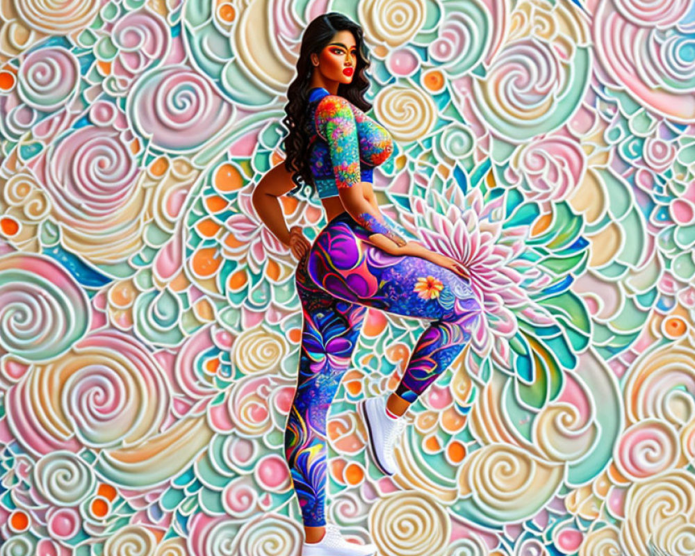 Vibrant digital artwork of woman in floral body paint on swirling background