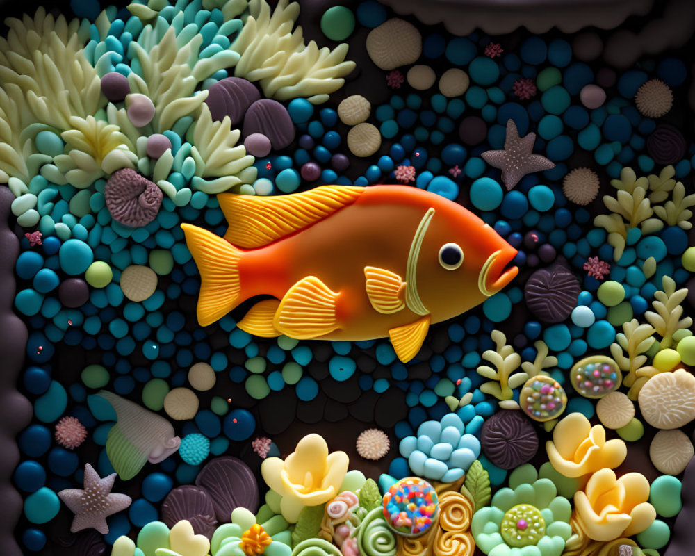 Colorful Clay Art-Style Orange Fish Swimming in Textured Underwater Scene