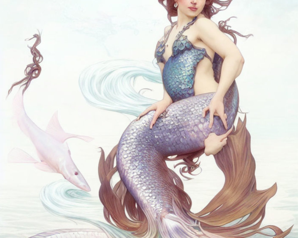 Mermaid with shimmering tail and flowing hair in misty sea setting