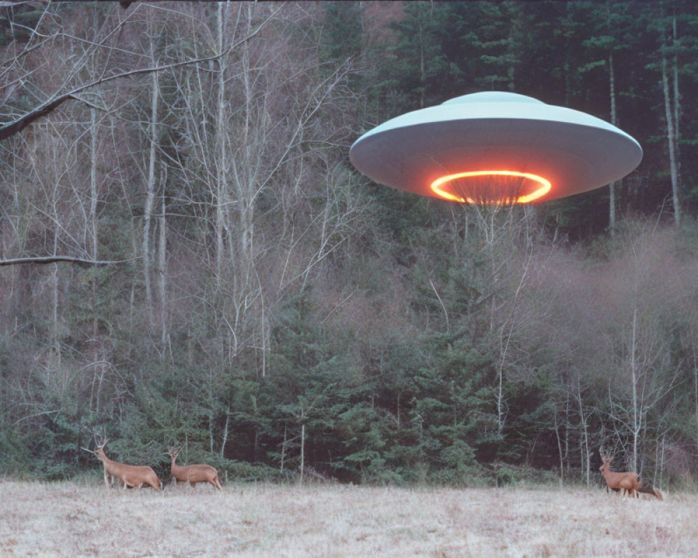 Mysterious UFO hovers over forest clearing with grazing deer