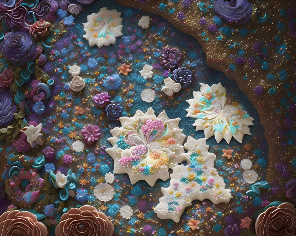 Intricately Decorated Floral and Celestial Cookies on Cosmic Background