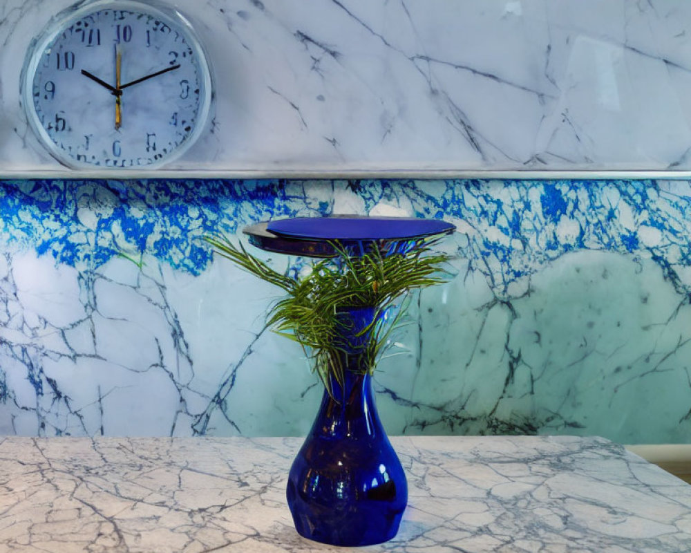 Blue Vase with Green Plants on Marbled Counter and Wall Clock Displaying Time