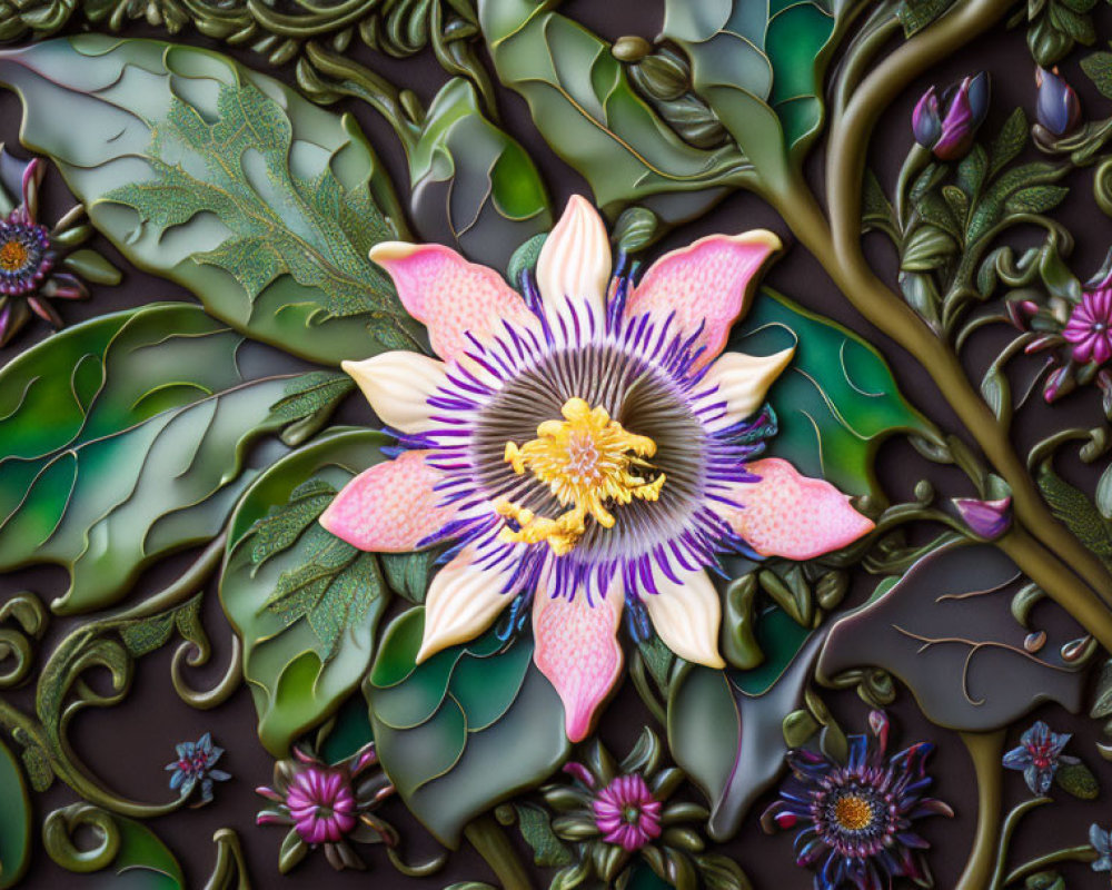 Detailed bas-relief sculpture of passion flower and foliage with vibrant colors