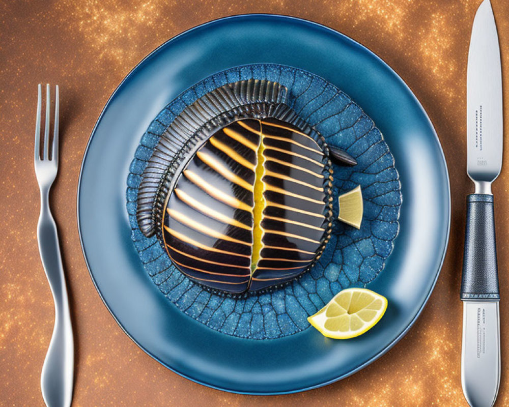 Grilled fish steak with lemon on blue plate, fork and knife, golden glittery backdrop