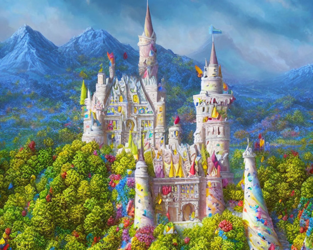 Colorful fantasy castle in forest with mountains and cloudy sky