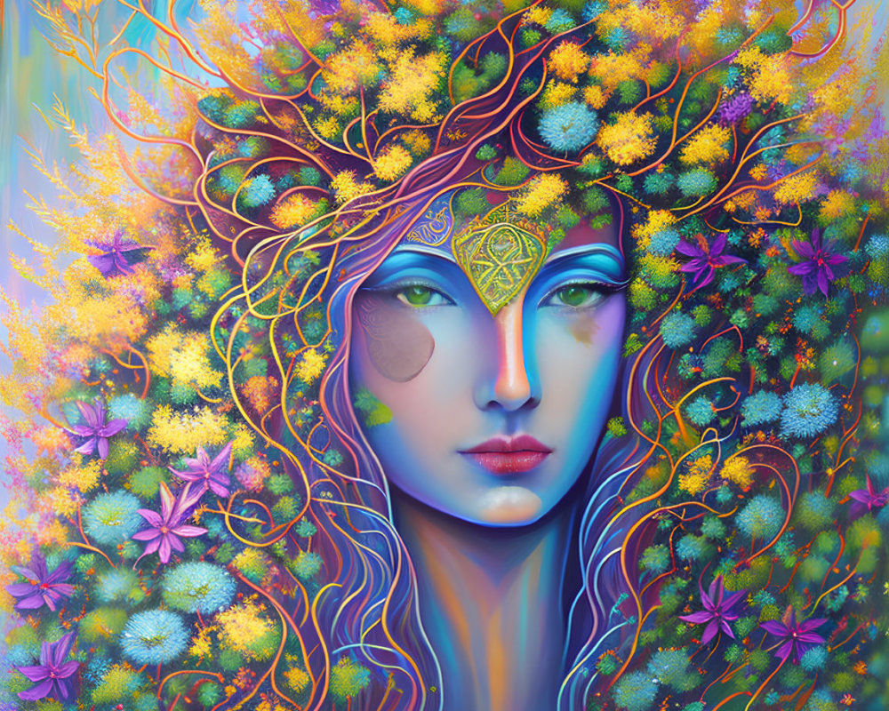 Colorful digital artwork: Mystical female figure with floral crown